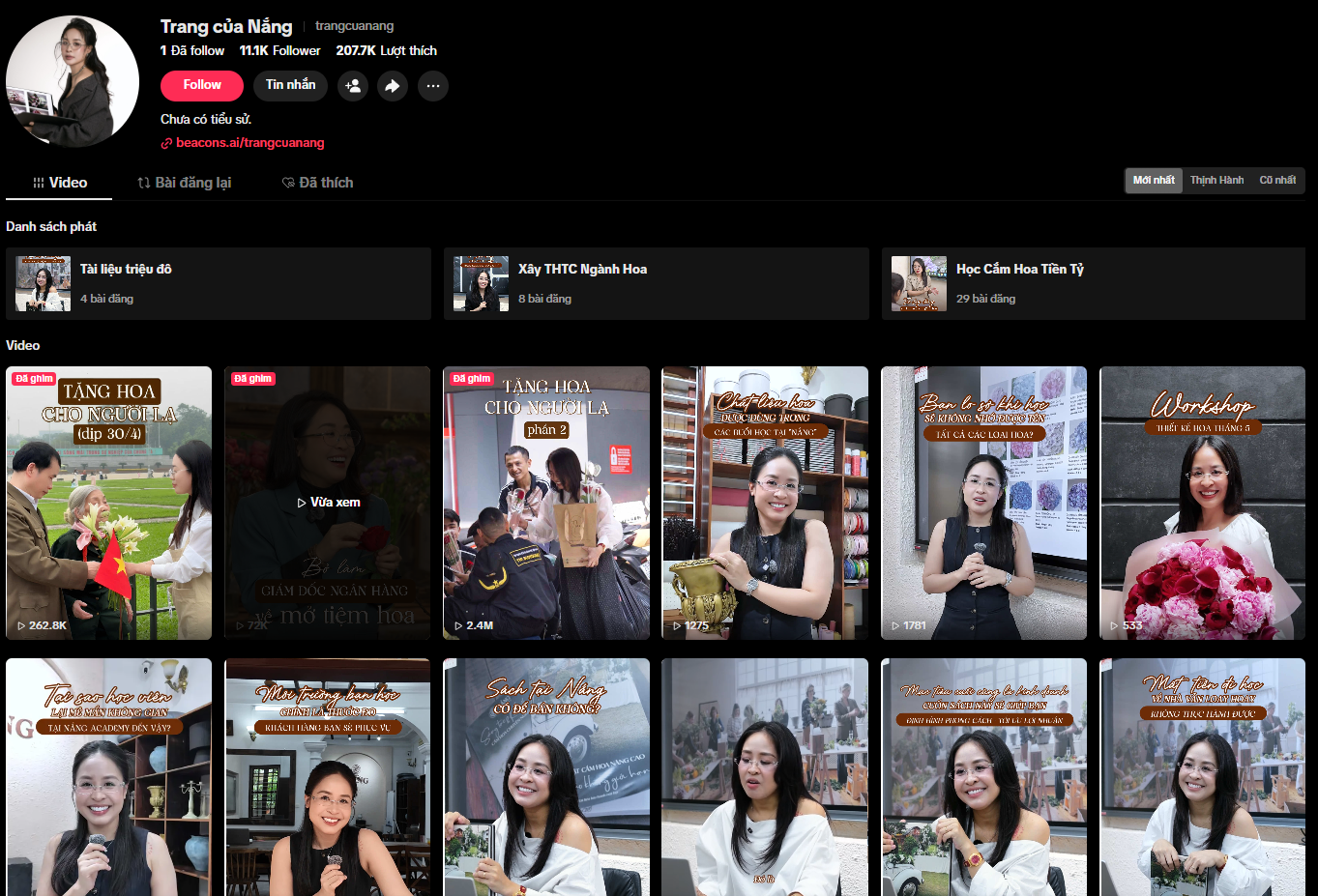 Kênh TikTok @trangcuanang của giảng viên: 11,1K người theo dõi, 207,7K lượt thích, các video triệu view về nghề hoa